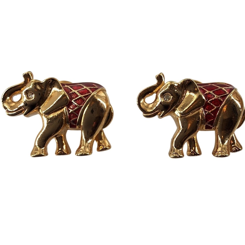 Vintage Avon Gold Tone Red Enamel Grid Elephant Brooch Pin Matching Set‎ 2pc